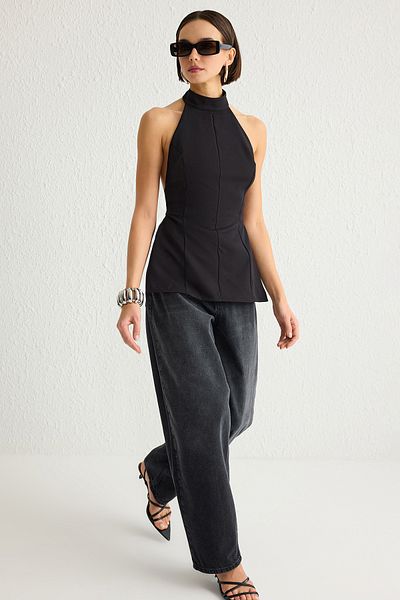 Trendyol Collection Μαύρη υφαντή μπλούζα με λαιμόκοψη χαμηλού κοψίματος TWOSS25BZ00110