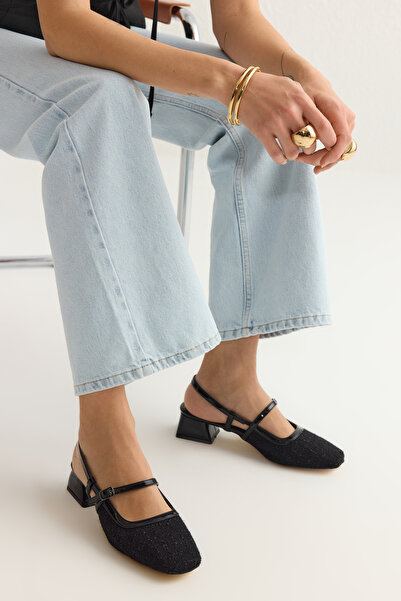 TRENDYOL SHOES Black Tweed Block Heels Square Toe Mary Jane Classic Heels Takss25To00023