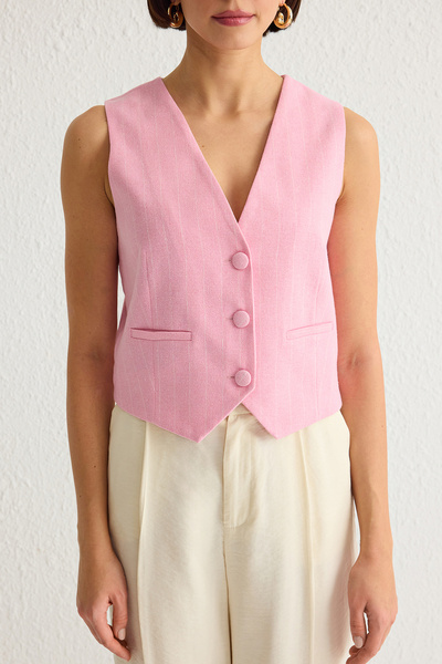 Trendyol Collection Light Pink Regular Striped Cotton Linen Crop Woven Vest Twoss24Ye00025