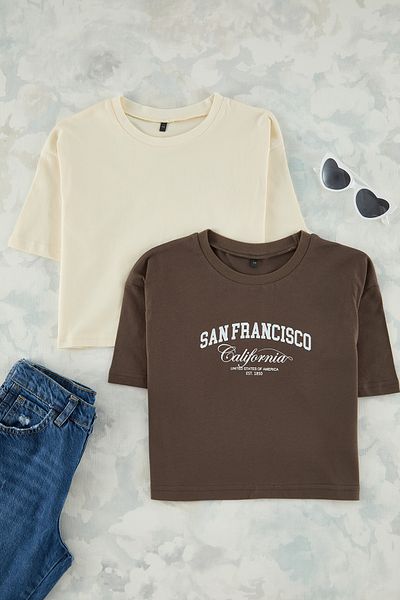 TRENDYOLKIDS Brown and Beige Knitted T-Shirt Set of 2 for Girl - Tkdss25Ts00014