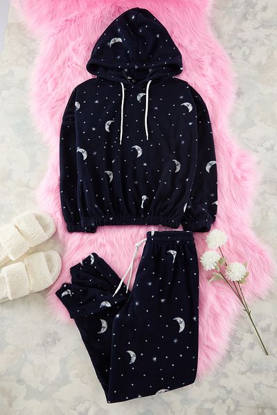 Trendyol Collection Sötétkék kapucnis Galaxy Print polár téli kötött pizsama szett THMAW22PT0365