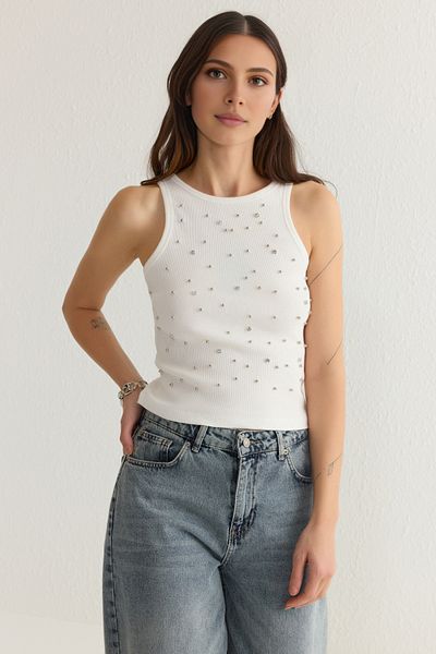 Trendyol Collection Ecru illeszkedő/testhezálló Pearl Stone kötött alsóing TWOSS25AL00003