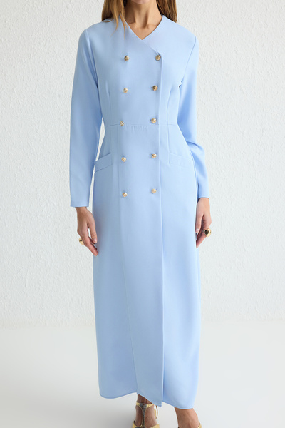 Trendyol Modest Φόρεμα από υφαντό ύφασμα με μπλε κουμπιά TCTSS25EB00027