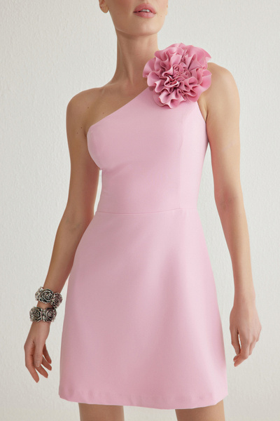 Trendyol Collection Розова, A-линия роза, изтъкана шикозна къса вечерна рокля за бала TPRSS25EL00126