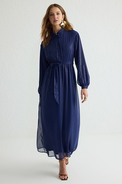 Trendyol Modest Sötétkék arany kiegészítő gombos csillogó bélésű szőtt ruha TCTSS25EB00025