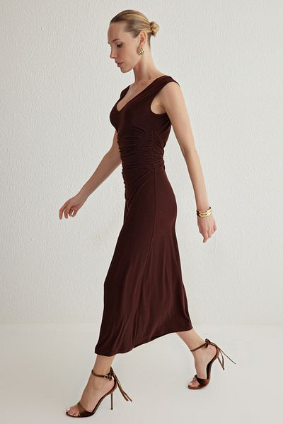 Trendyol Collection Brown V Neck Gathered Knitted Stylish Dress Tprss25El00002