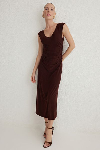 Trendyol Collection Brown V Neck Gathered Knitted Stylish Dress Tprss25El00002