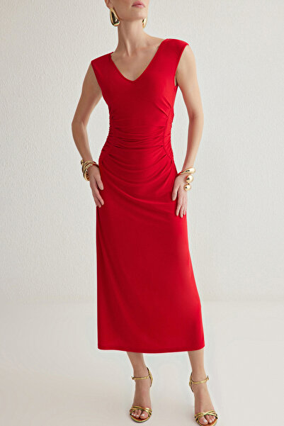 Trendyol Collection Červené pletené stylové šaty s výstřihem do V Tprss25El00002