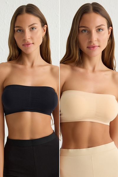 Trendyol Collection 2-teiliger, nahtloser Bandeu-Strick-BH – Schwarz und Hautfarbe THMSS25SU00010