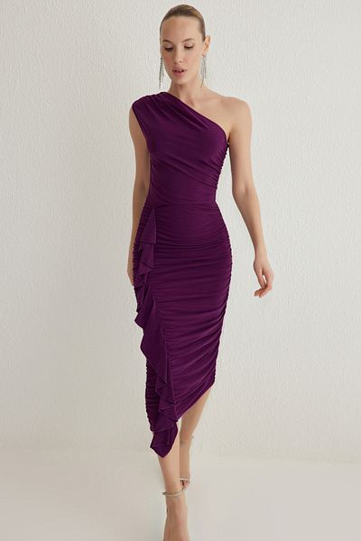 Trendyol Collection Plum Fitted Cut Out/Window Detail Tulle Knitted Stylish Dress Tprss25El00004