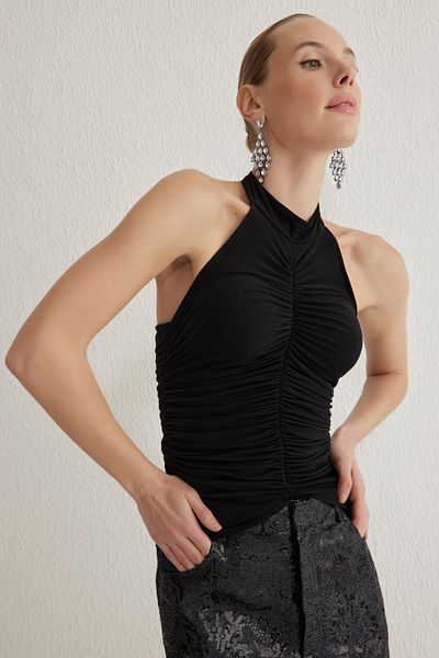 Trendyol Collection Schwarzes, drapiertes, detailliertes Strick-Bustier TPRSS25BS00002