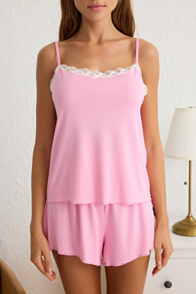 Trendyol Collection Pletené pyžamo s růžovou krajkou viskózou Single Jersey Thmss25Pt00083