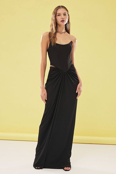 Trendyol Collection Schwarzes, langes, schickes Abendkleid im Korsett-Look mit Ausschnitten an der Taille und Nachtabschlusskleid TPRSS25AE00022