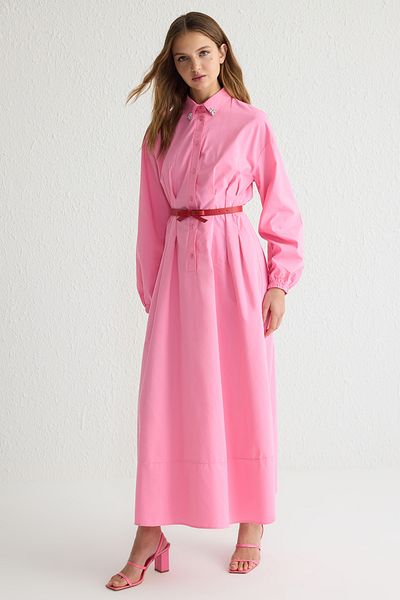 Trendyol Modest Ροζ αξεσουάρ Λεπτομερές υφαντό πουκάμισο με ζώνη TCTSS25EB00030