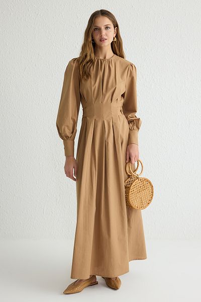 Trendyol Modest Camel 100% βαμβακερό πλισέ υφαντό φόρεμα TCTSS25EB00001