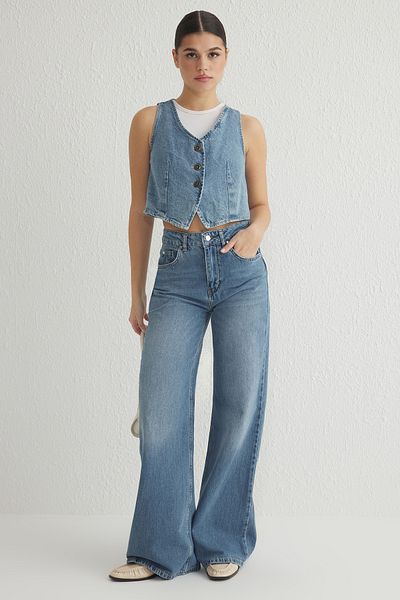 Trendyol Collection Blugi albaștri cu talie înaltă cu picioare late TWOSS25JE00053