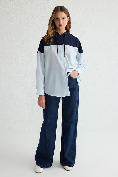 Trendyol Modest Marineblaue, übergroße, gestreifte Strick-Tunika TCTSS25UK00003