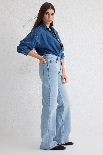 Trendyol Collection Blugi albaștri cu talie normală cu picioare largi TWOSS25JE00088