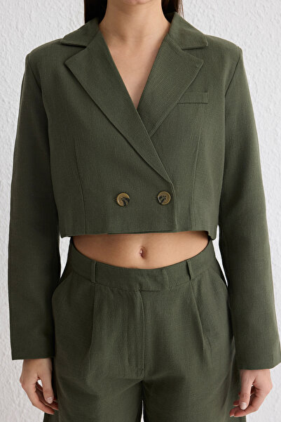 Trendyol Collection Short Double Breasted Khaki Blazer Jacket - Linen Woven, Twoss25Bc00011