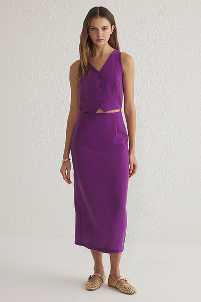 Trendyol Collection Lila A-Linie Weste Form Leinen Look Midi gewebtes Kleid TWOSS25EL00059