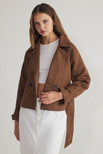Trendyol Collection Brown Double Breasted Suede Regular Short Trench Coat Twoss25Tr00008