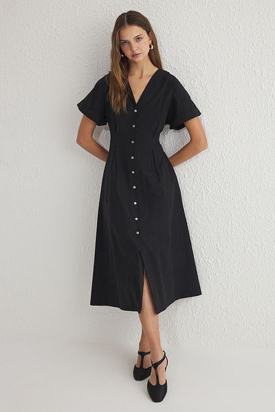 Trendyol Collection Czarna sukienka koszulowa midi z rozcięciem w talii Twoss24El00052