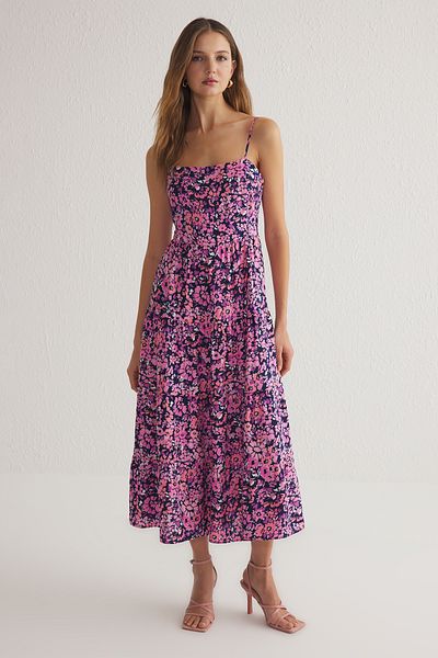Trendyol Collection Ροζ φλοράλ Μίντι υφαντό φόρεμα από βισκόζη TWOSS21EL1341