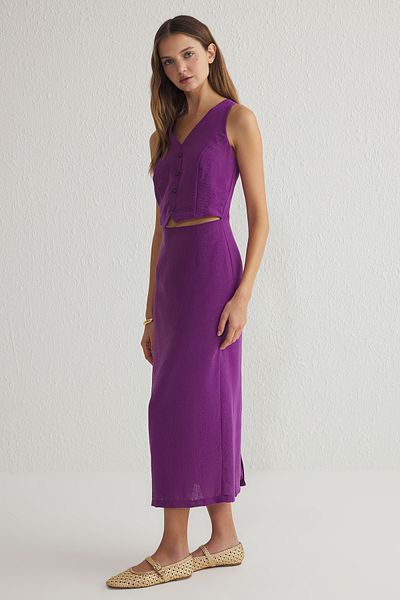 Trendyol Collection Lila A-Linie Weste Form Leinen Look Midi gewebtes Kleid TWOSS25EL00059