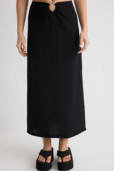 Trendyol Collection Black Draped Fabric Midi Skirt with Buckle Detail on the Waist Twoss25Et00046