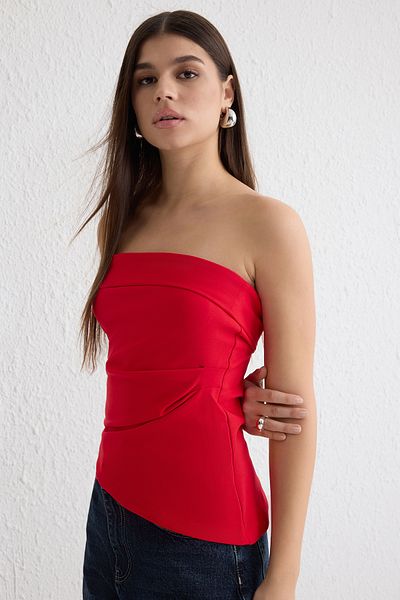 Trendyol Collection Red Strapless Asymmetrical Cut Woven Blouse Twoss25Bz00172