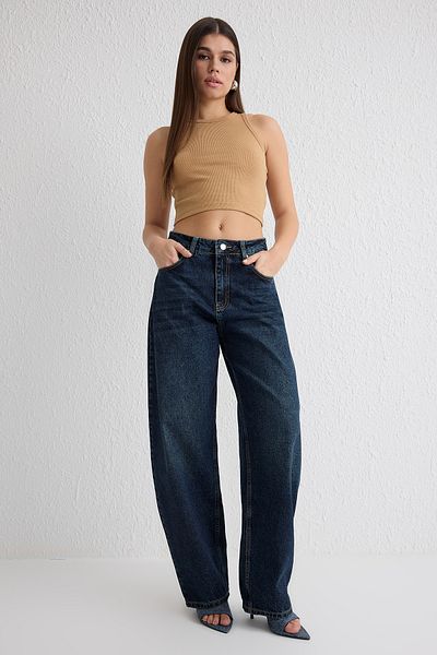 Trendyol Collection Sötétkék normál derekú gördülő farmernadrág TWOSS25JE00063