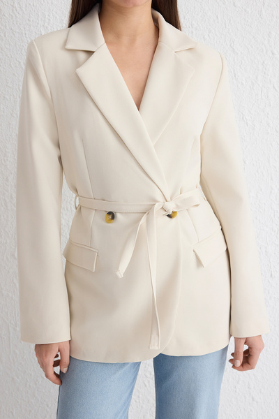 Trendyol Collection Ecru Belted Regular Lined Blazer Jacket Twoss25Bc00022
