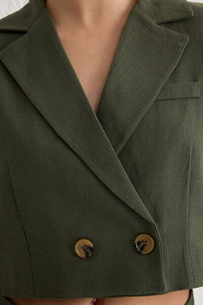 Trendyol Collection Short Double Breasted Khaki Blazer Jacket - Linen Woven, Twoss25Bc00011