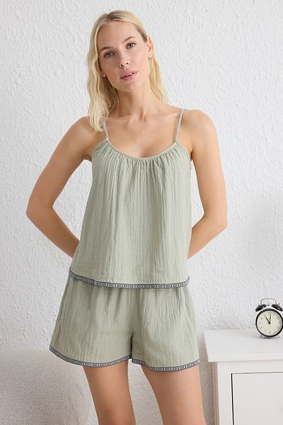 Trendyol Collection Πράσινο 100% βαμβακερό έθνικ/μποέμικο υφαντό σετ πιτζάμες με αξεσουάρ μουσελίνας THMSS25PT00135