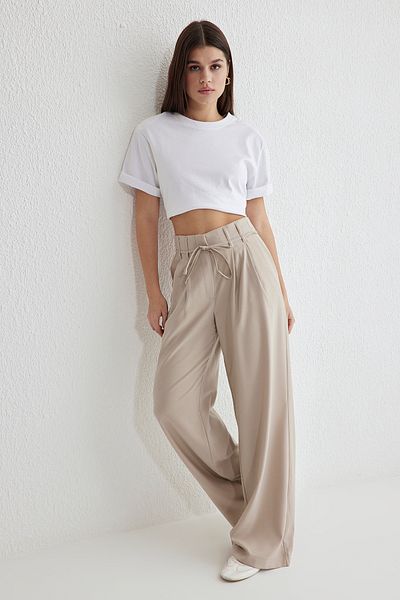 Trendyol Collection Wide Leg Beige Belted Woven Trousers - Twoss25Pl00031