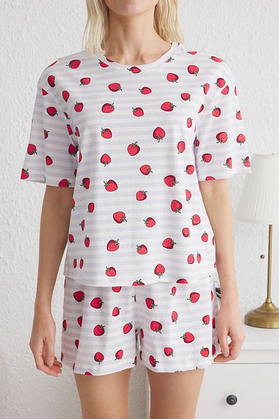 Trendyol Collection Modro-vícebarevný potištěný pletený pyžamový set z jednoho žerzeje Thmss25Pt00087