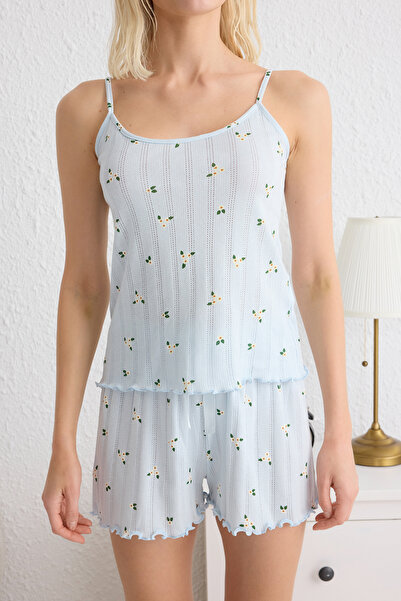 Kolekcia Trendyol Modrá 100% bavlna Kvetinová Pointel Pletená pyžamová súprava s prelamovanými/dierkovanými šortkami THMSS25PT00082