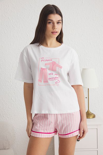 Trendyol Collection White-Pink Printed Single Jersey Knitted Pajamas Set Thmss25Pt00115