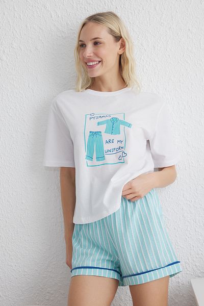 Trendyol Collection White-Blue Plain Single Jersey Knitted Pajamas Set Thmss25Pt00115