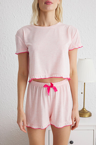 Trendyol Collection Pink Ruffle and Ribbon/Bow Knitted Pajamas Set Thmss25Pt00153