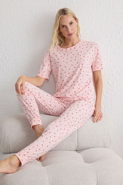 Trendyol Collection Pink Heart Pattern Knitted Pajamas Set Thmss25Pt00148