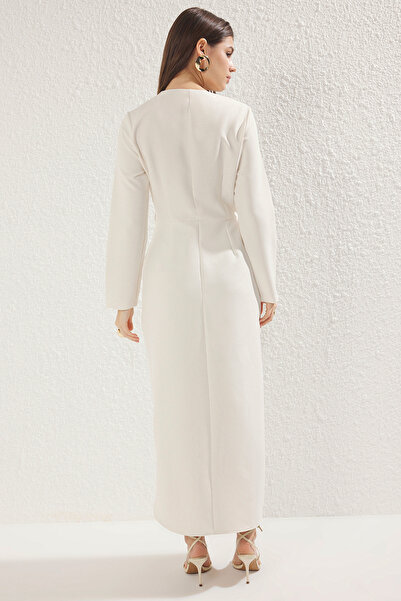 Trendyol Modest Φόρεμα από υφαντό ύφασμα με μπεζ κουμπιά TCTSS25EB00027