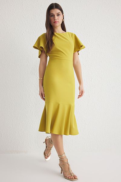 Trendyol Collection Πράσινο μίντι υφαντό φόρεμα με λαδί με φόδρα με φλάντζα