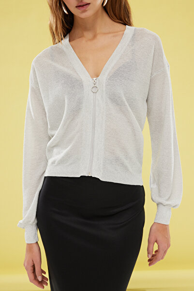 Trendyol Collection Ecru-Gold Transparentní vzhled Stříbrný kvalitní cardigan TWOSS24HI00008