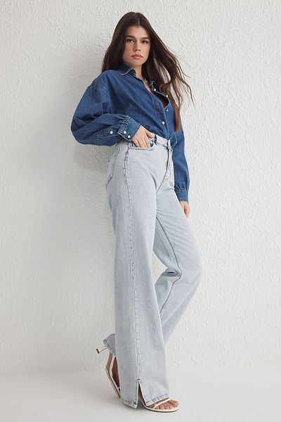 Trendyol Collection Light Blue Wide Leg Jeans with High Waist Slit - Twoss25Je00057