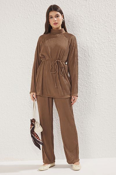 Trendyol Modest Brown Textured Knitted Bottom-Top Suit Tctss25Us00012