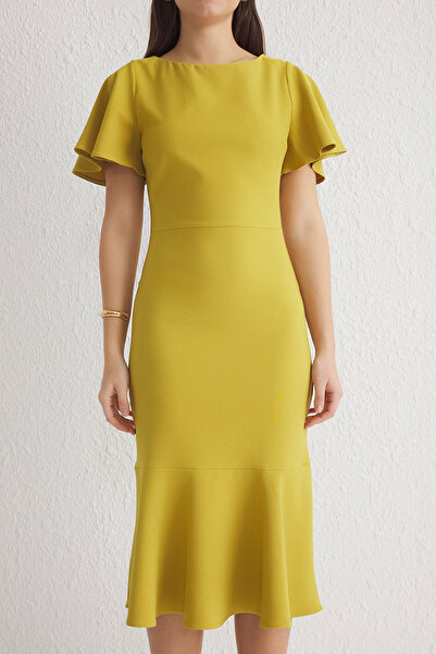 Trendyol Collection Πράσινο μίντι υφαντό φόρεμα με λαδί με φόδρα με φλάντζα