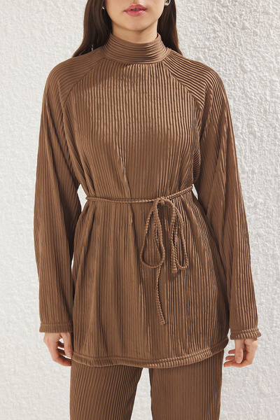 Trendyol Modest Brown Textured Knitted Bottom-Top Suit Tctss25Us00012