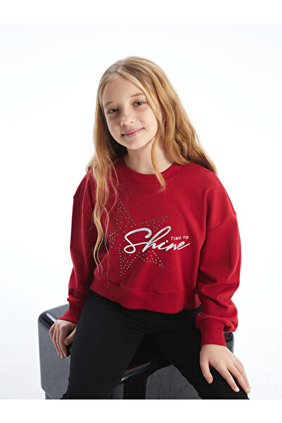LC Waikiki Red Crew Neck Stone Embellished Girls' Sweatshirt