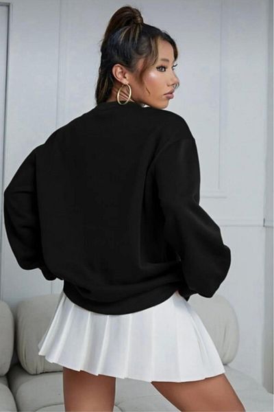 NO 601 Women's Black Crew Neck Ribbon Printed Hoodless Winter Sweat